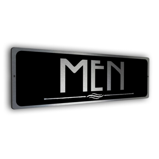 silver and black restroom sign