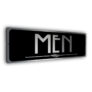 silver and black restroom sign