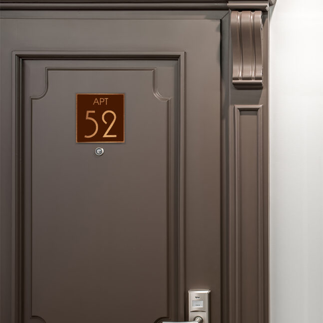 AD111-BCBR-4 Modern Brushed Copper and Matt Brown Apartment Door Number Sign AD111-BCBR